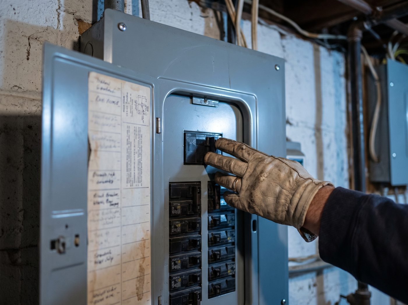 A gloved hand on a single breaker in an open residential electrical panel