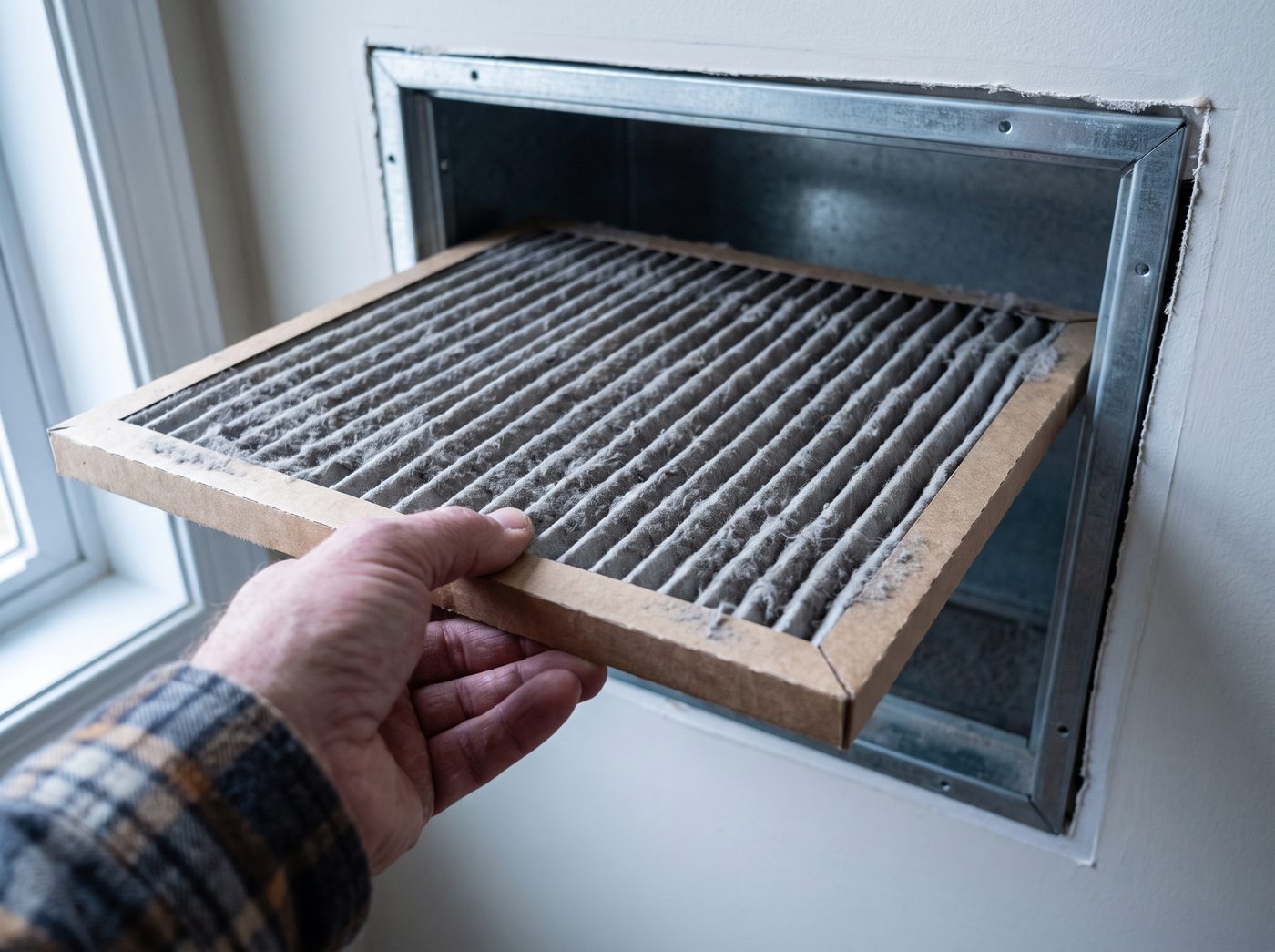 A dust-loaded pleated air filter pulled halfway out of a return air vent