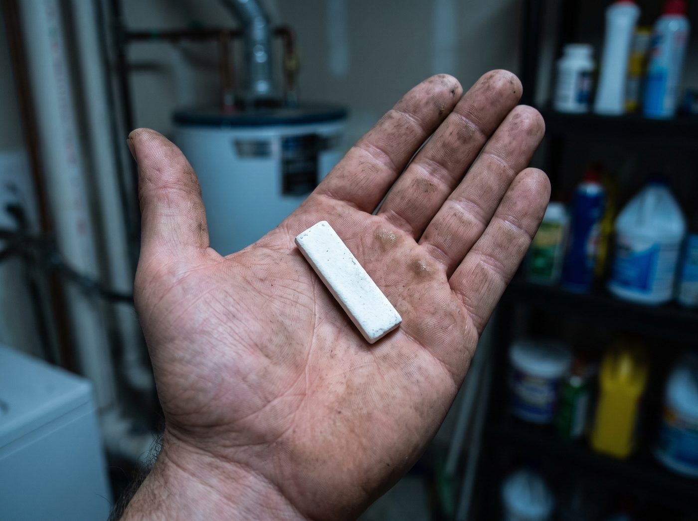 A condensate pan strip held in a palm, at hand scale